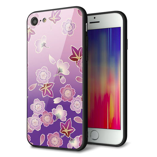 iPhone8 強化ガラス＆TPUスマホケース ガラプリ【YJ324 和柄 桜 もみじ】