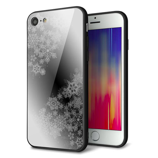iPhone8 強化ガラス＆TPUスマホケース ガラプリ【YJ340 モノトーン 雪の結晶 】