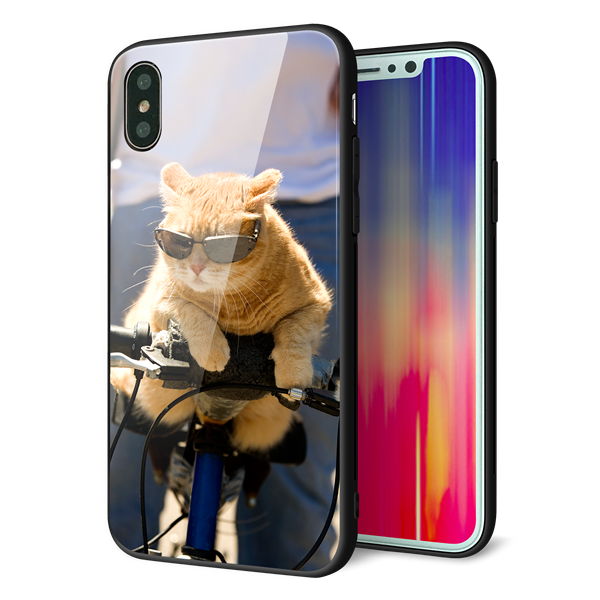 iPhone X 強化ガラス＆TPUスマホケース ガラプリ【595 にゃんとサイクル】