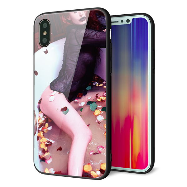 iPhone X 強化ガラス＆TPUスマホケース ガラプリ【KM885 バラ風呂】