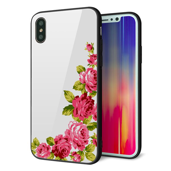 iPhone X 強化ガラス＆TPUスマホケース ガラプリ【VA825 バラのフレーム(白)】