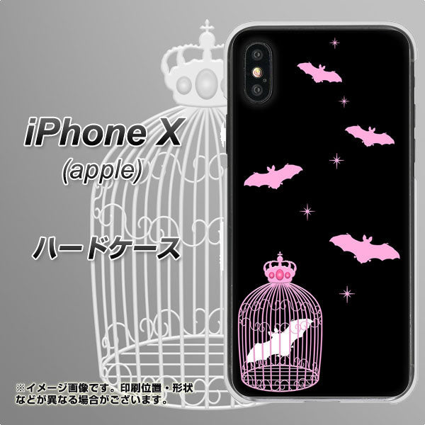 iPhone X 高画質仕上げ 背面印刷 ハードケース【AG809 こうもりの王冠鳥かご（黒×ピンク）】