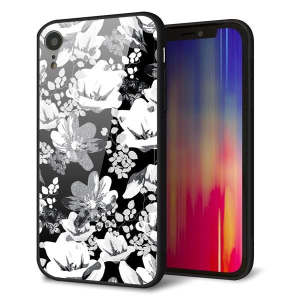 iPhone XR 強化ガラス＆TPUスマホケース ガラプリ【SC913 花柄モノトーン 02】