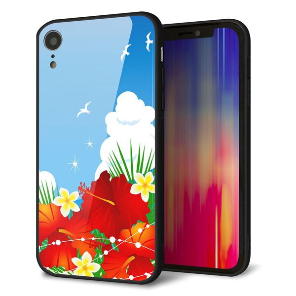 iPhone XR 強化ガラス＆TPUスマホケース ガラプリ【VA821 ハイビスカスと青空】