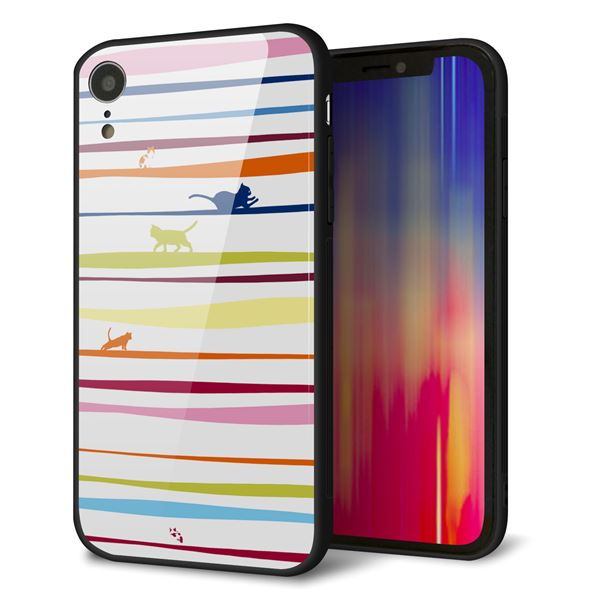 iPhone XR 強化ガラス＆TPUスマホケース ガラプリ【YA893 ストライプネコ02 L】