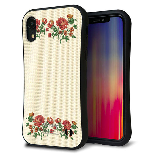 iPhone XR スマホケース 「SEA Grip」 グリップケース Sライン 【KM941 花刺繍風 レッドフラワー オフホワイト 】 UV印刷