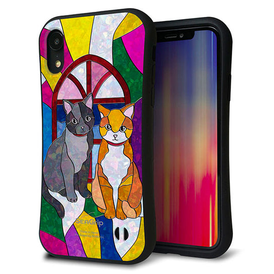 iPhone XR スマホケース 「SEA Grip」 グリップケース Sライン 【MA995 ステンドグラス ネコ】 UV印刷