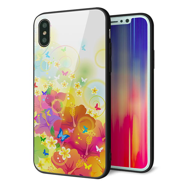 iPhone XS 強化ガラス＆TPUスマホケース ガラプリ【647 ハイビスカスと蝶】
