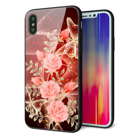 iPhone XS 強化ガラス＆TPUスマホケース ガラプリ【VA824 魅惑の蝶とピンクのバラ】