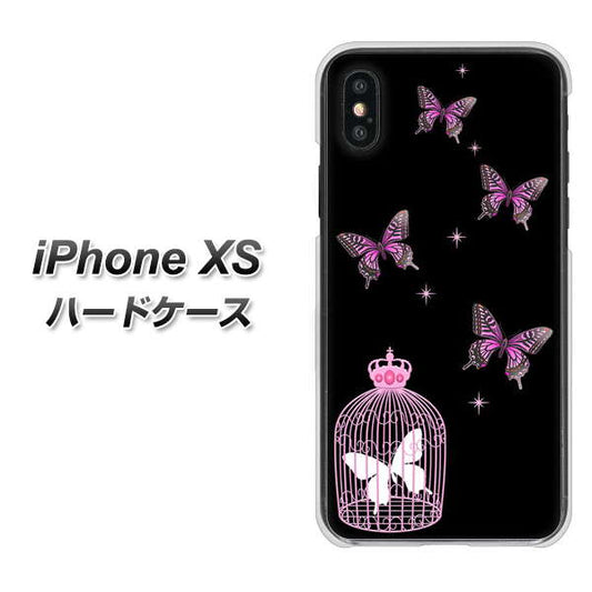 iPhone XS 高画質仕上げ 背面印刷 ハードケース【AG811 蝶の王冠鳥かご（黒×ピンク）】