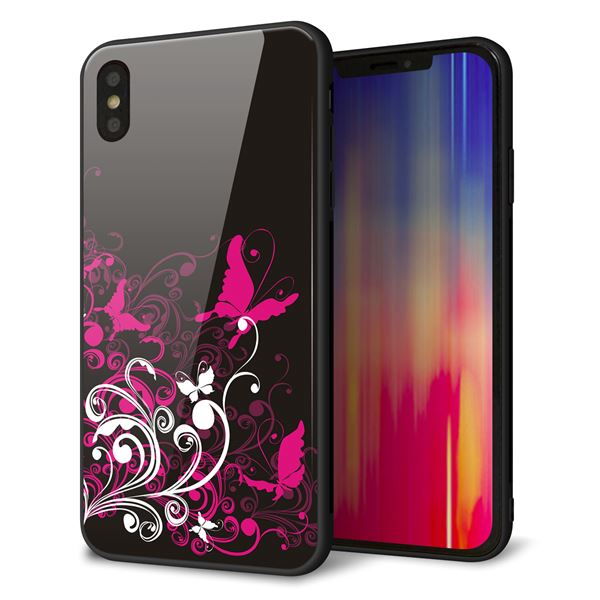 iPhone XS Max 強化ガラス＆TPUスマホケース ガラプリ【585 闇に舞う蝶】