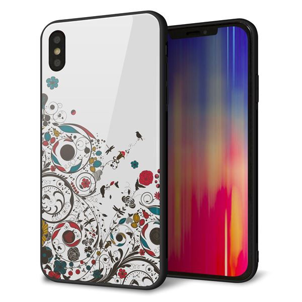 iPhone XS Max 強化ガラス＆TPUスマホケース ガラプリ【EK908  カラフルな花と鳥】