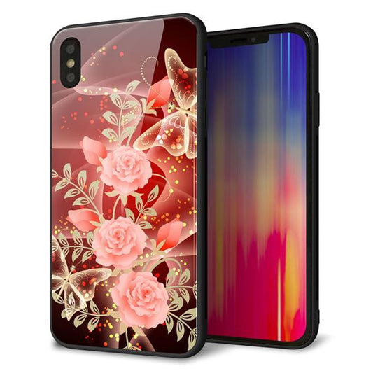 iPhone XS Max 強化ガラス＆TPUスマホケース ガラプリ【VA824 魅惑の蝶とピンクのバラ】