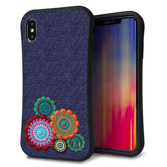 iPhone XS Max スマホケース 「SEA Grip」 グリップケース Sライン 【KM934 エスニックフラワー デニム】 UV印刷