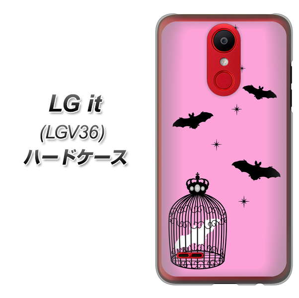 au エルジー イット LGV36 高画質仕上げ 背面印刷 ハードケース【AG808 こうもりの王冠鳥かご（ピンク×黒）】