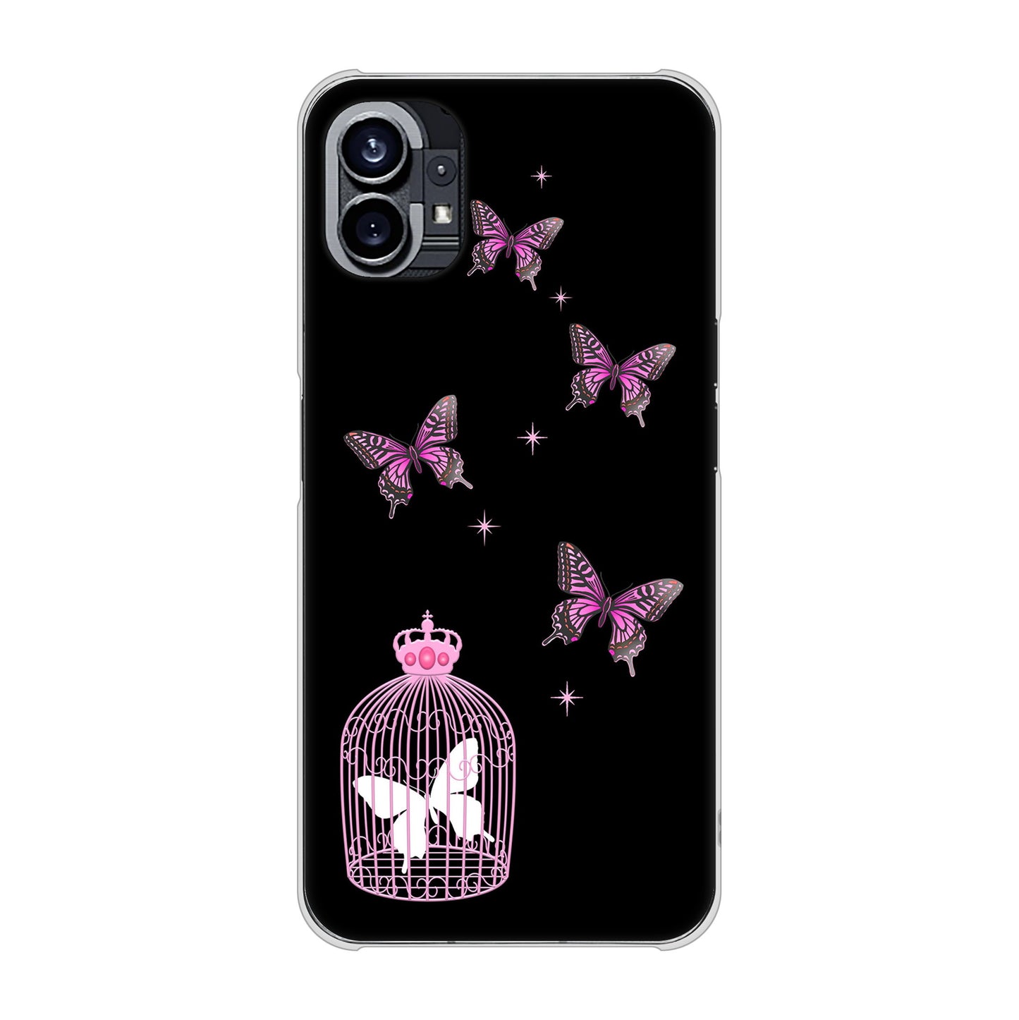 Nothing Phone(1) 高画質仕上げ 背面印刷 ハードケース【AG811 蝶の王冠鳥かご（黒×ピンク）】