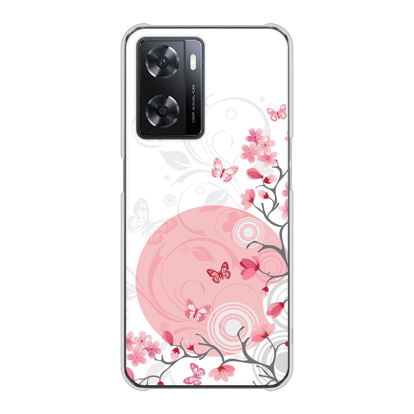 OPPO A77 高画質仕上げ 背面印刷 ハードケース【030 花と蝶（うす桃色）】