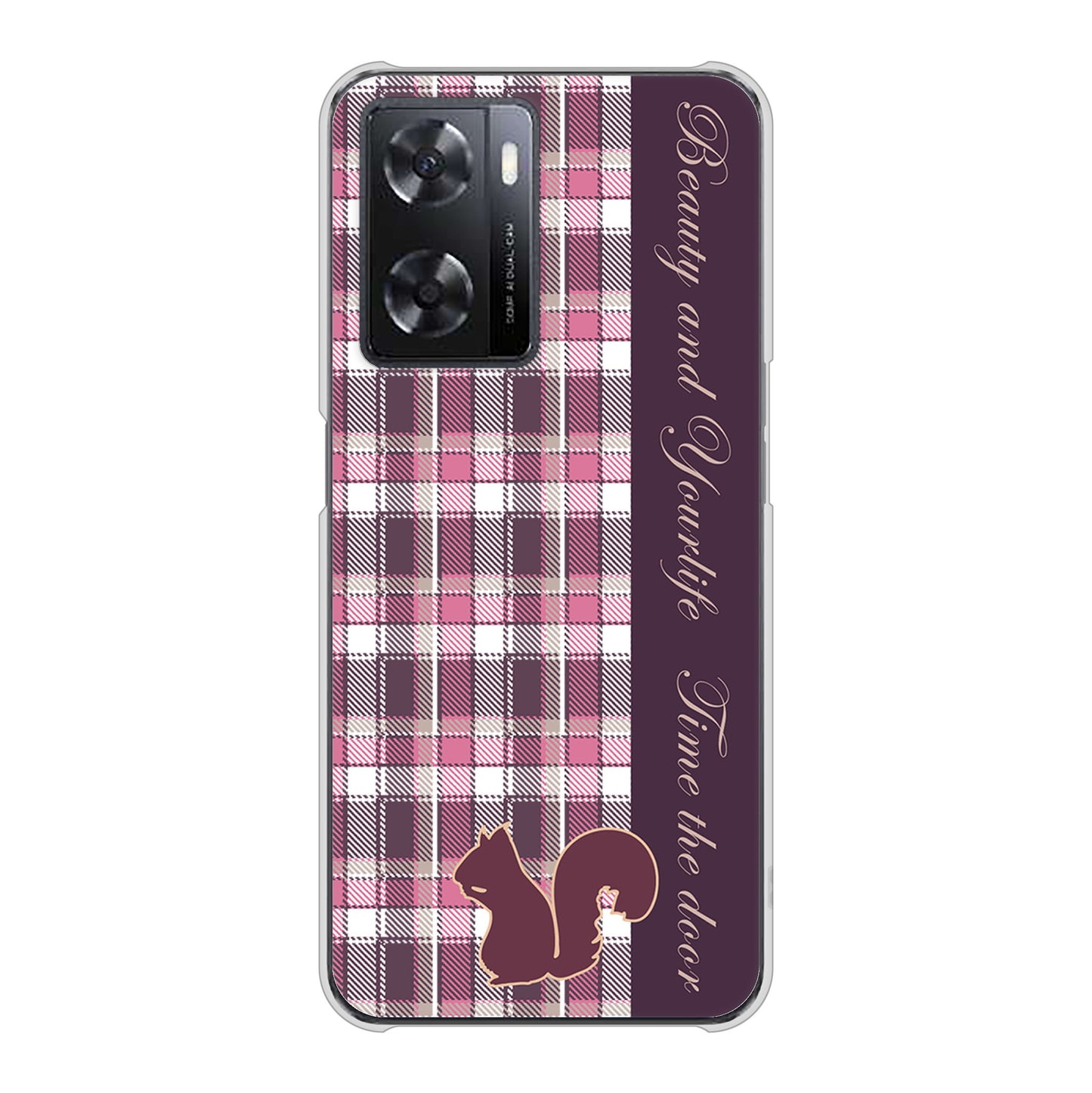 OPPO A77 高画質仕上げ 背面印刷 ハードケース【519 チェック柄にリス】