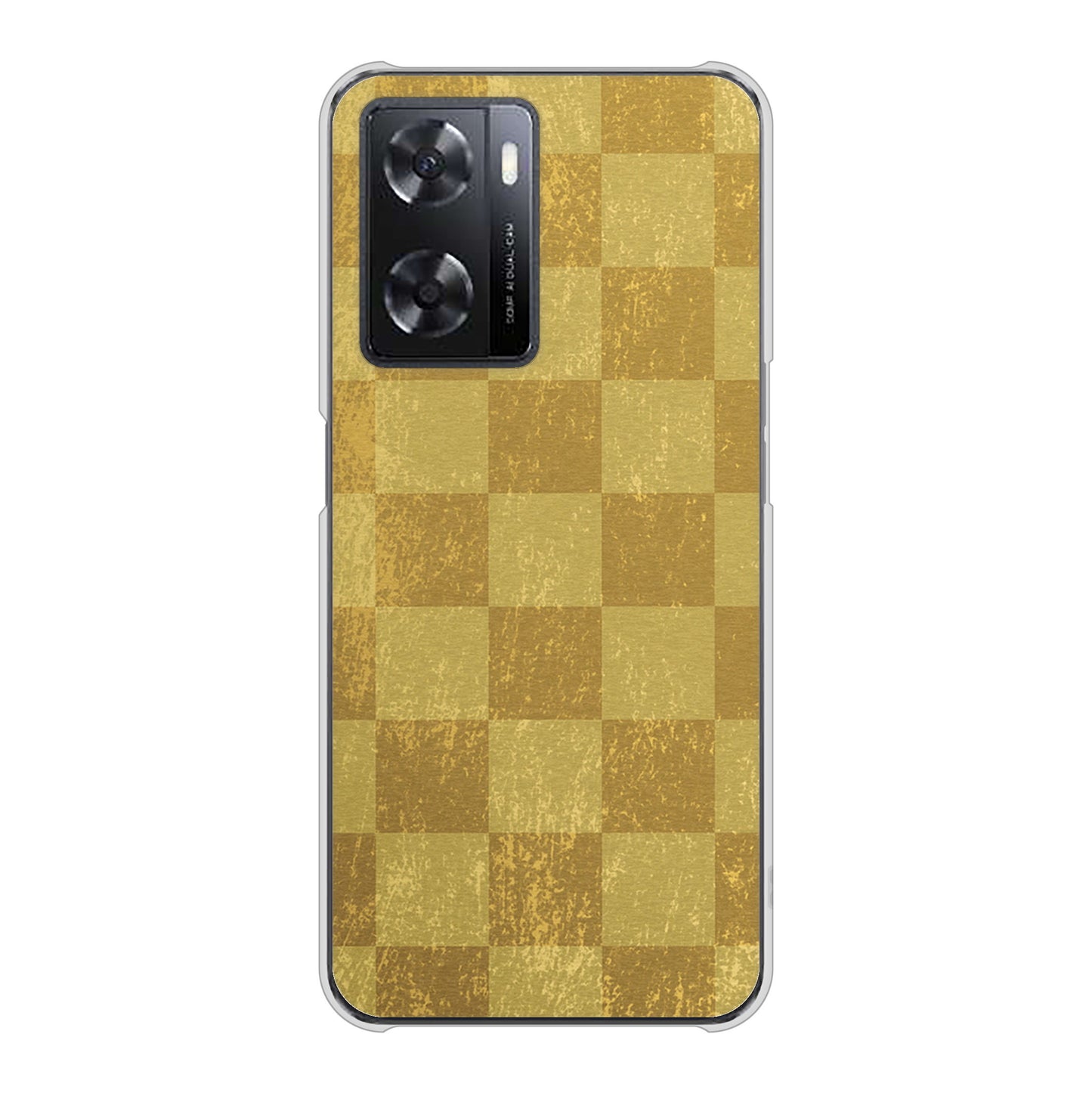 OPPO A77 高画質仕上げ 背面印刷 ハードケース【619 市松模様—金（骨董風に傷んだイメージ）】
