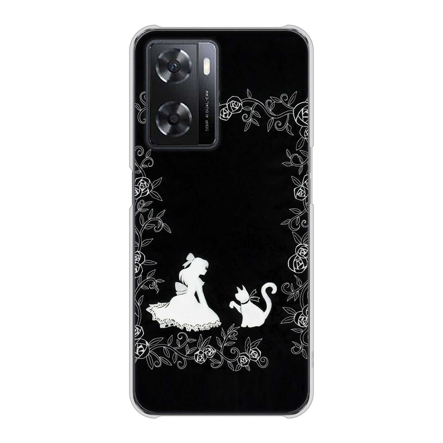 OPPO A77 高画質仕上げ 背面印刷 ハードケース【1097 お姫様とネコ（モノトーン）】