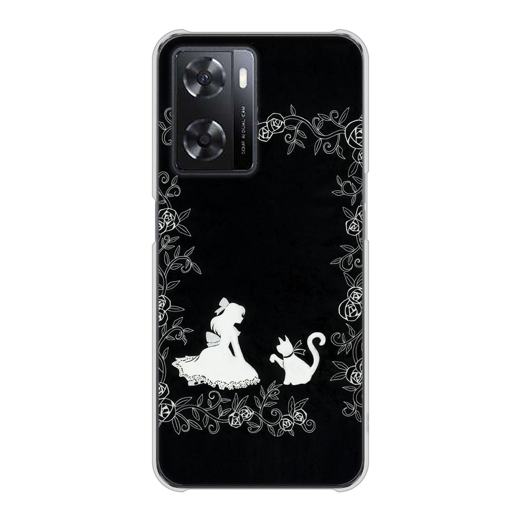 OPPO A77 高画質仕上げ 背面印刷 ハードケース【1097 お姫様とネコ（モノトーン）】