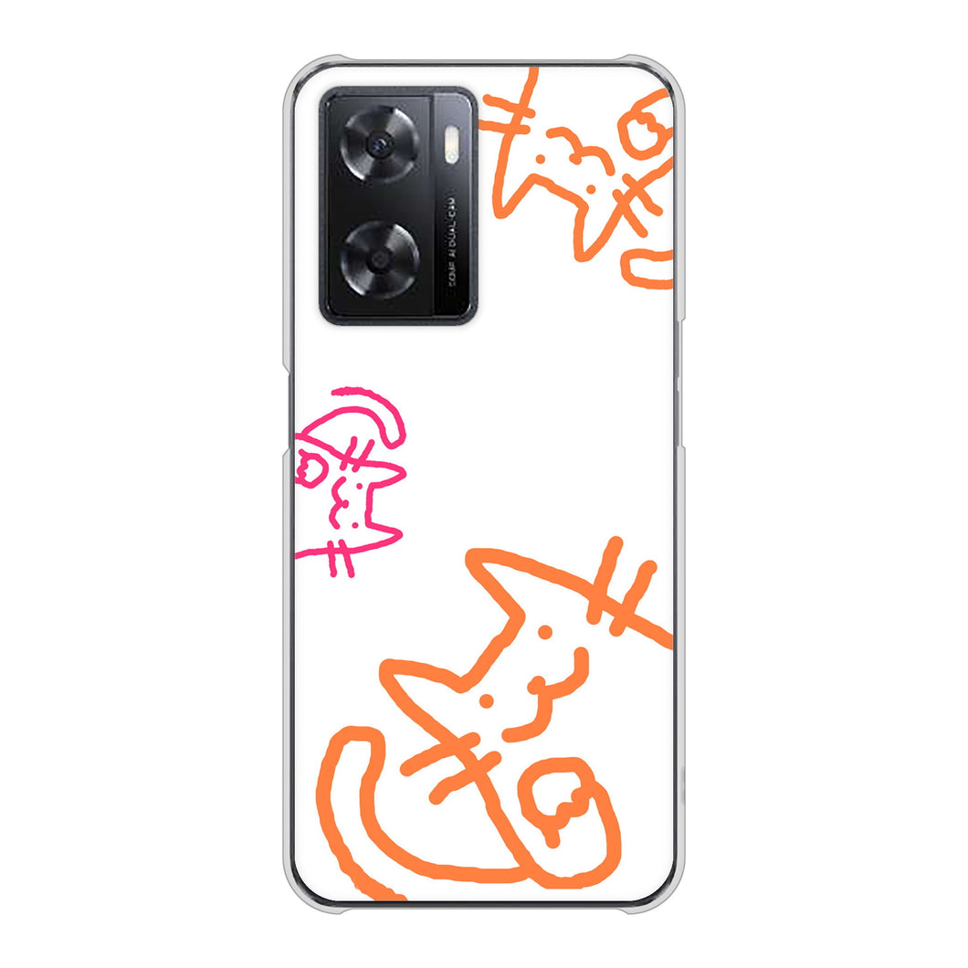 OPPO A77 高画質仕上げ 背面印刷 ハードケース【1098 手まねきする3匹のネコ】