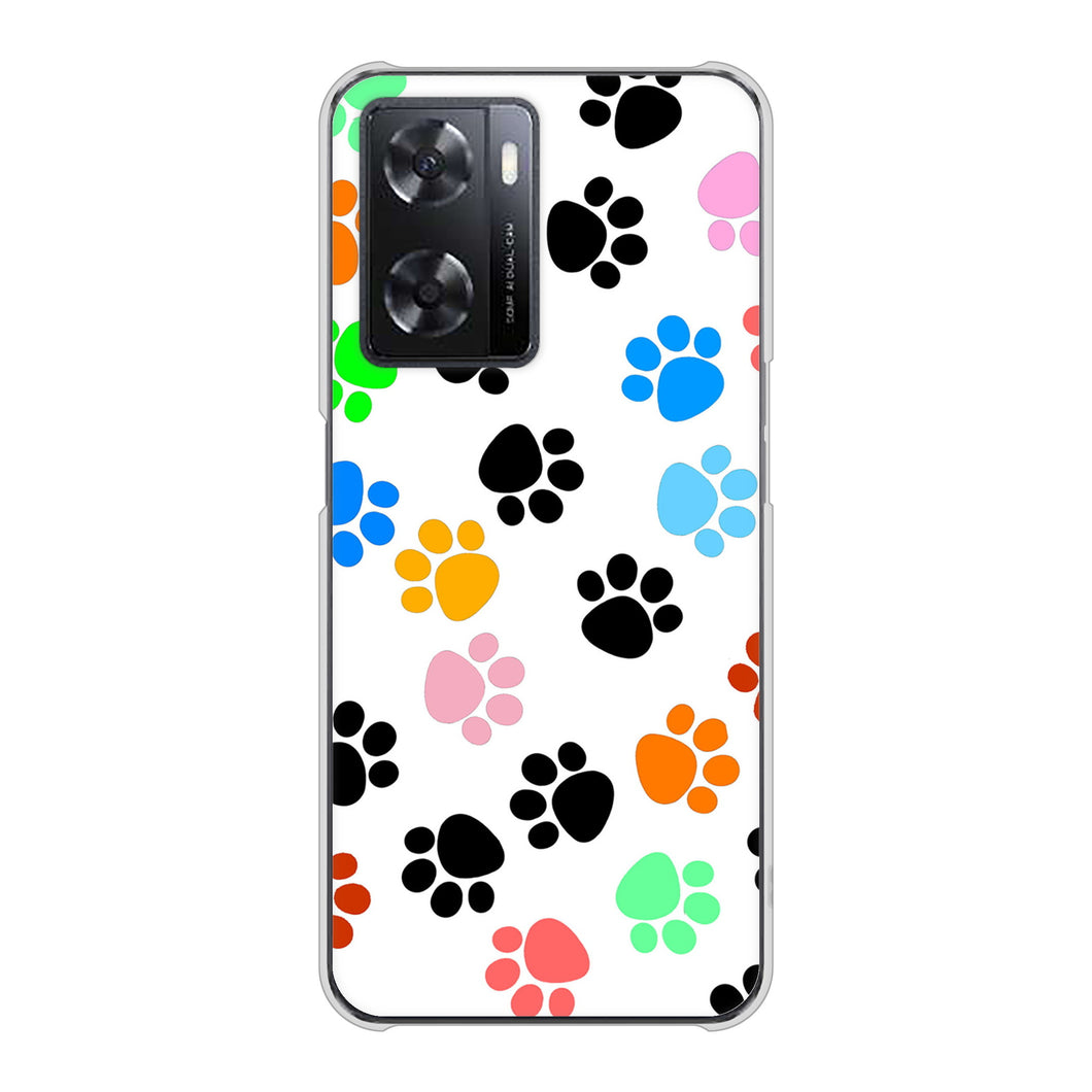 OPPO A77 高画質仕上げ 背面印刷 ハードケース【1108 あしあとカラフル】