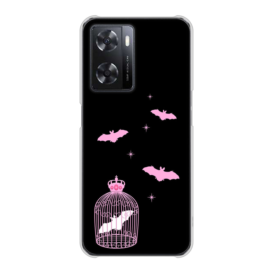 OPPO A77 高画質仕上げ 背面印刷 ハードケース【AG809 こうもりの王冠鳥かご（黒×ピンク）】