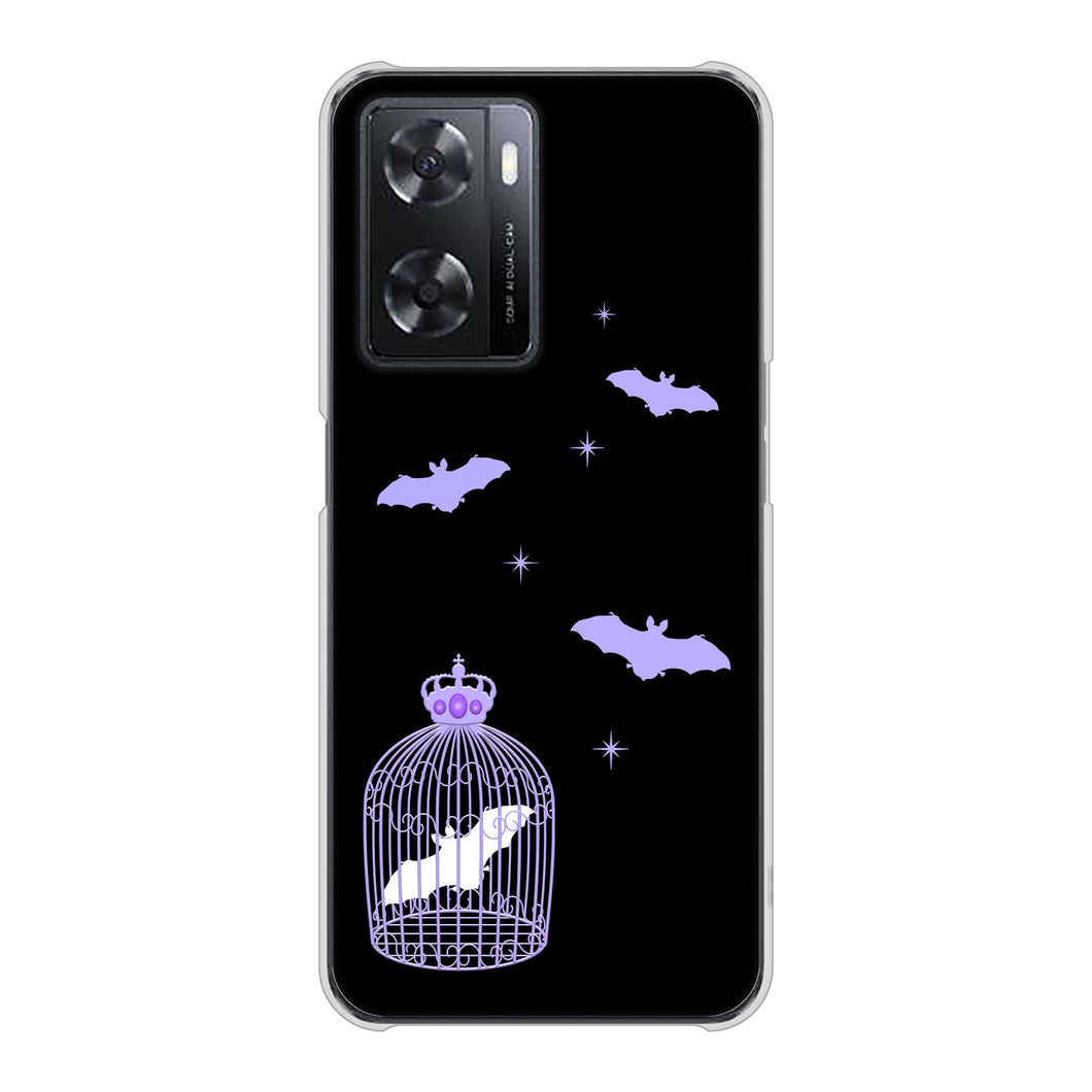 OPPO A77 高画質仕上げ 背面印刷 ハードケース【AG810 こうもりの王冠鳥かご（黒×紫）】