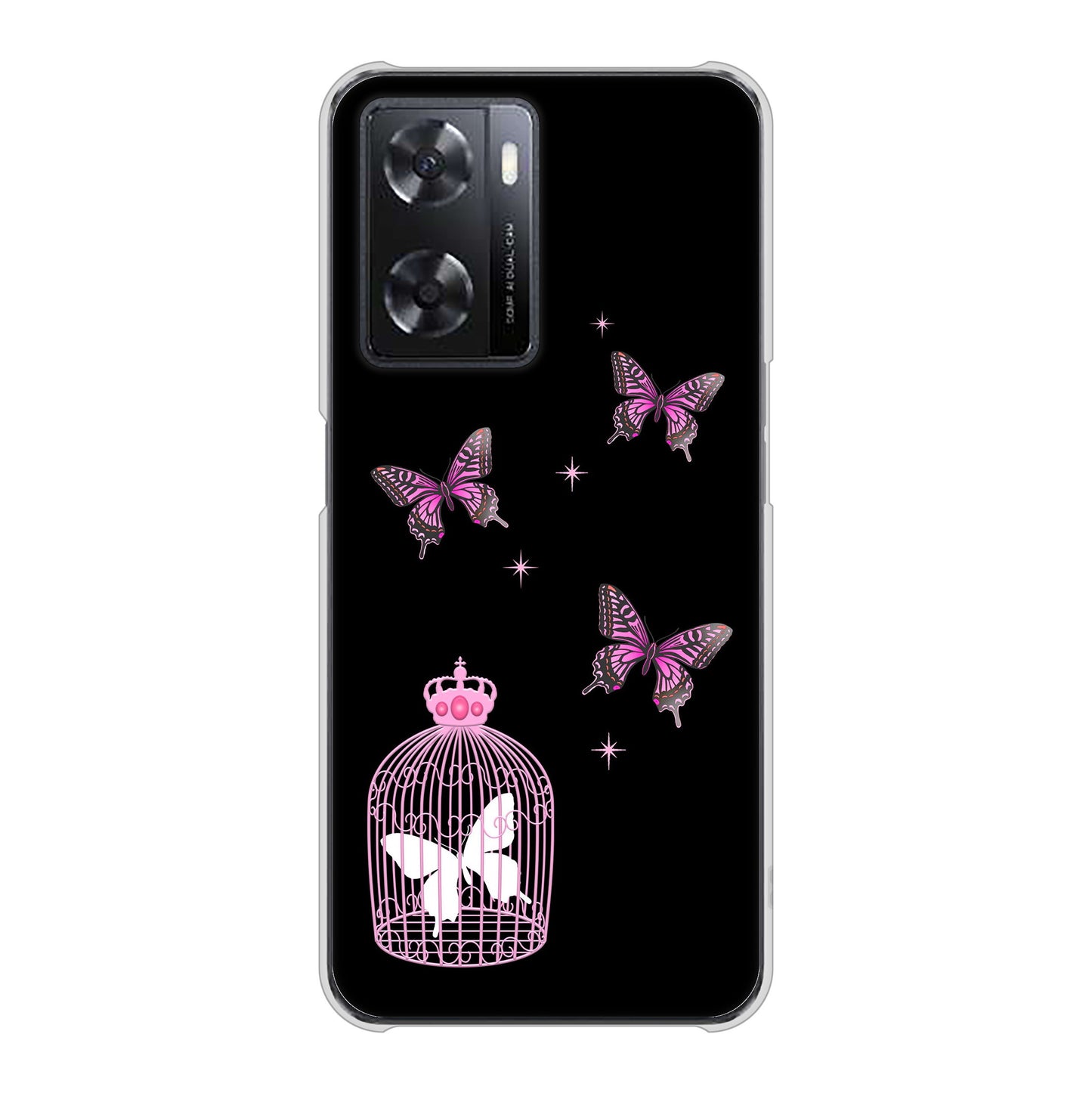 OPPO A77 高画質仕上げ 背面印刷 ハードケース【AG811 蝶の王冠鳥かご（黒×ピンク）】