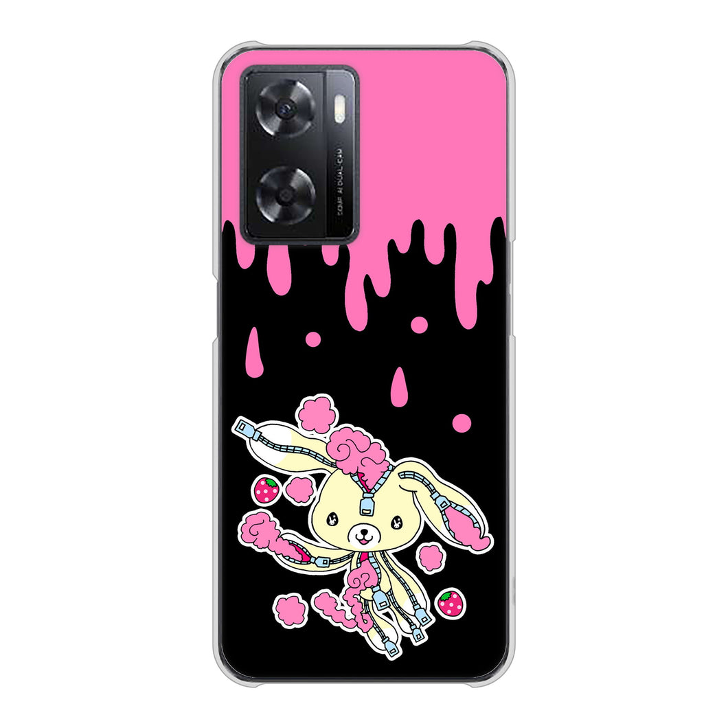 OPPO A77 高画質仕上げ 背面印刷 ハードケース【AG814 ジッパーうさぎのジッピョン（黒×ピンク）】