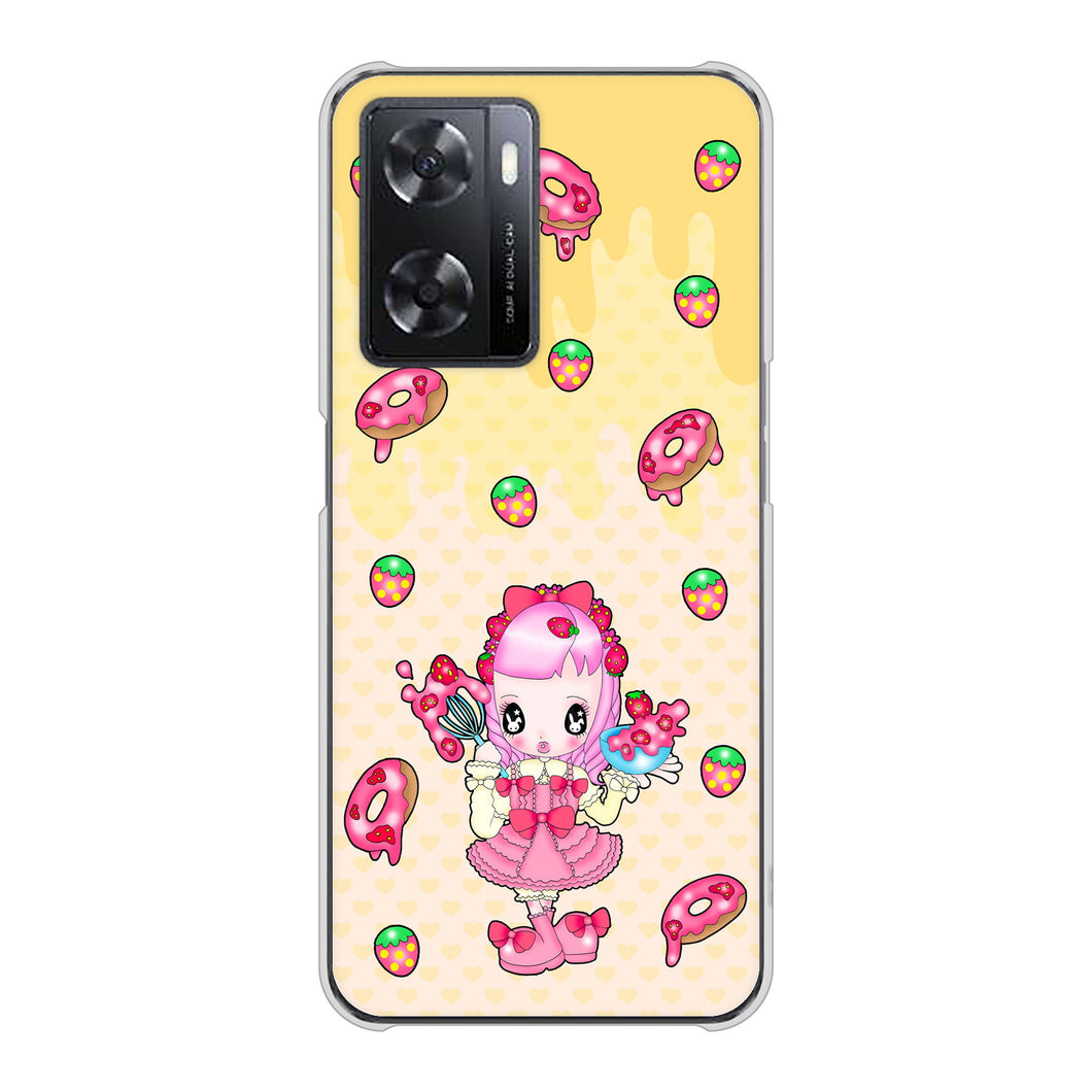 OPPO A77 高画質仕上げ 背面印刷 ハードケース【AG815 ストロベリードーナツ（水玉黄）】