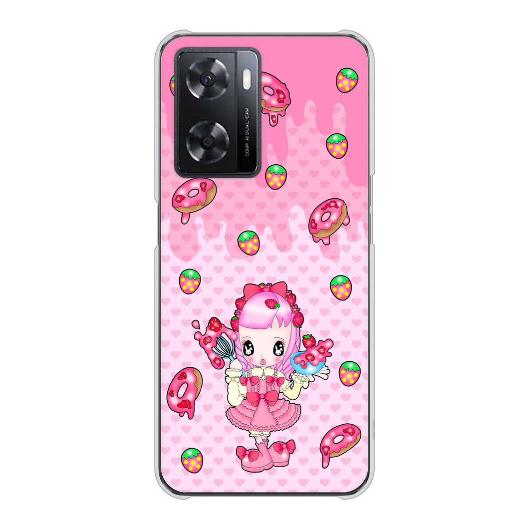 OPPO A77 高画質仕上げ 背面印刷 ハードケース【AG816 ストロベリードーナツ（水玉ピンク）】