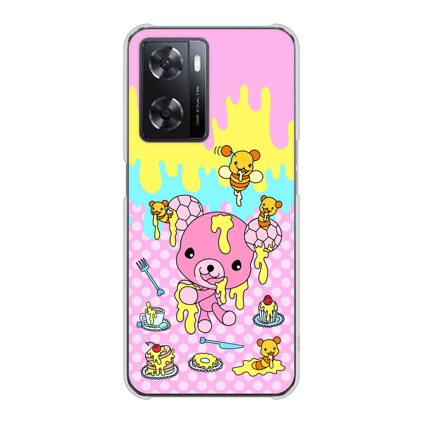 OPPO A77 高画質仕上げ 背面印刷 ハードケース【AG822 ハニベア（水玉ピンク）】