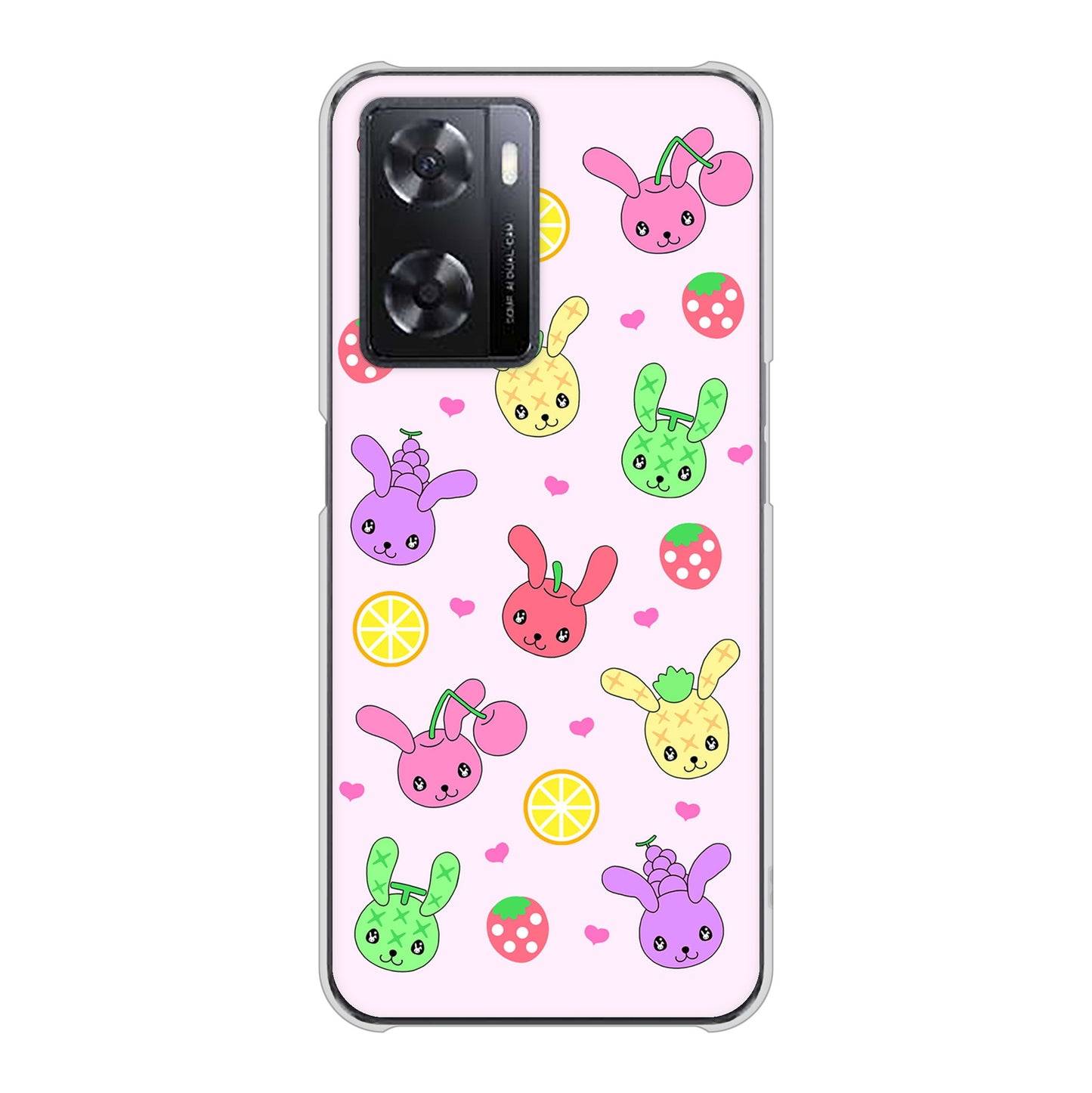 OPPO A77 高画質仕上げ 背面印刷 ハードケース【AG825 フルーツうさぎのブルーラビッツ（ピンク）】