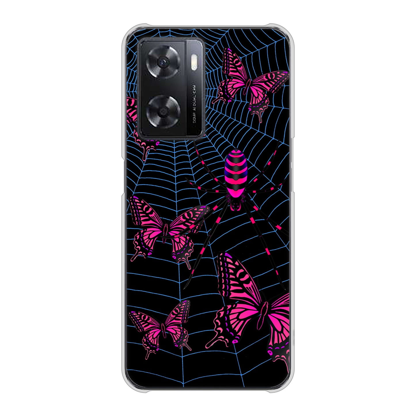 OPPO A77 高画質仕上げ 背面印刷 ハードケース【AG831 蜘蛛の巣に舞う蝶（赤）】