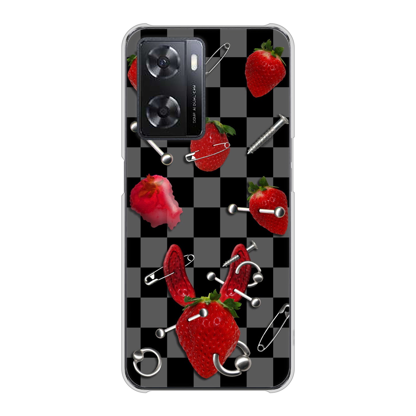 OPPO A77 高画質仕上げ 背面印刷 ハードケース【AG833 苺パンク（黒）】