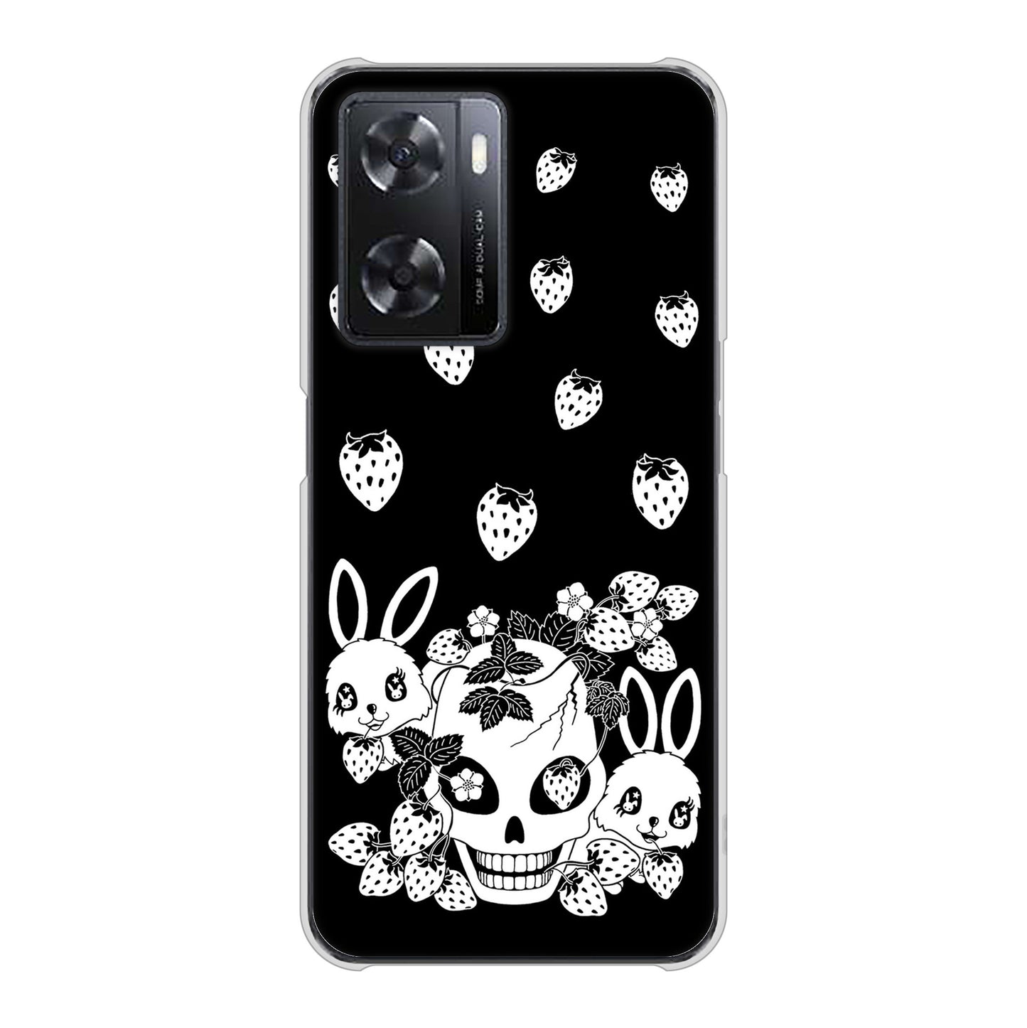 OPPO A77 高画質仕上げ 背面印刷 ハードケース【AG837 苺兎（黒）】
