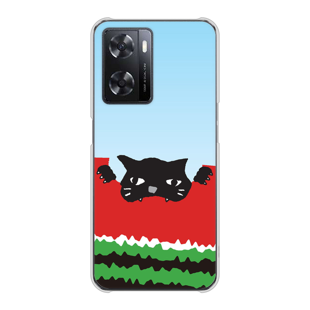 OPPO A77 高画質仕上げ 背面印刷 ハードケース【IA815 すいかをかじるネコ(大)】