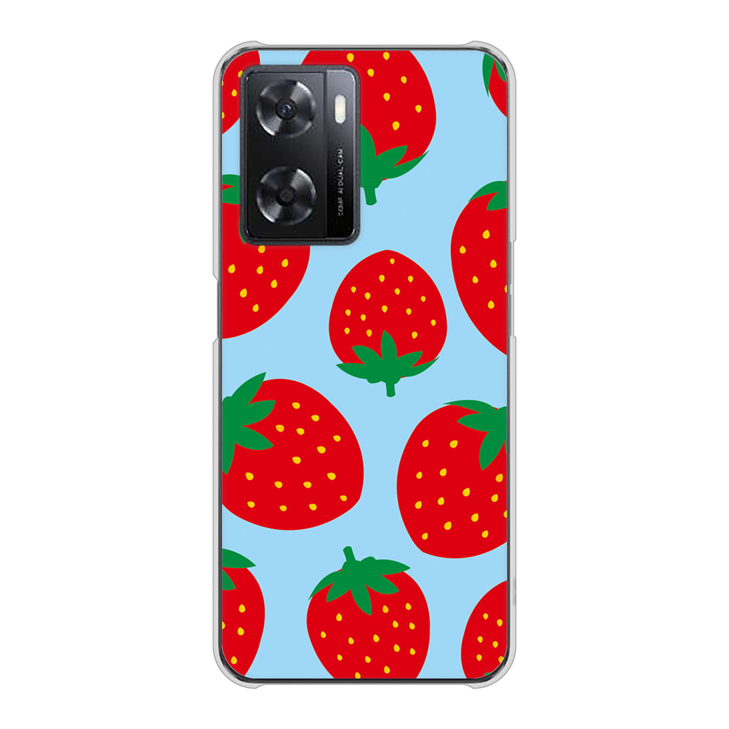 OPPO A77 高画質仕上げ 背面印刷 ハードケース【SC821 大きいイチゴ模様レッドとブルー】