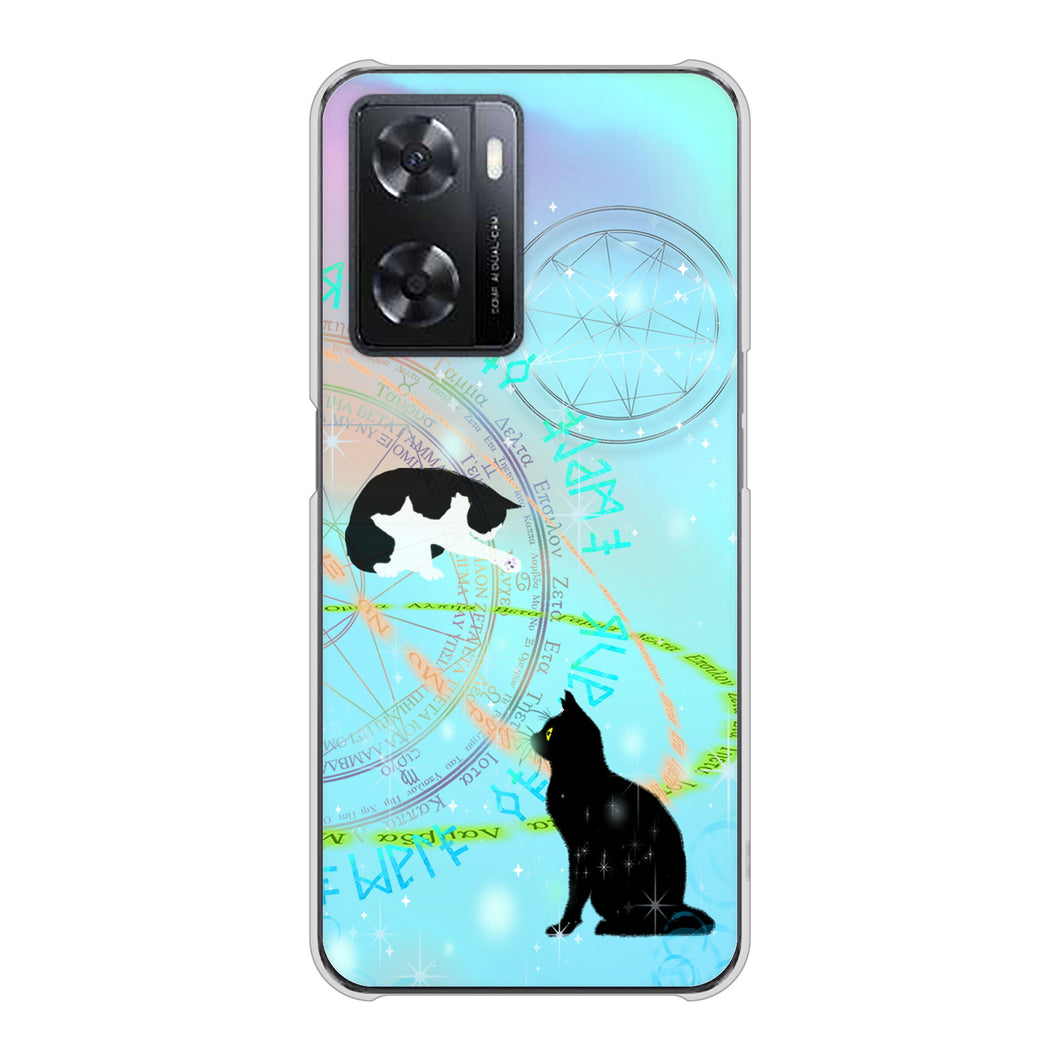 OPPO A77 高画質仕上げ 背面印刷 ハードケース【YJ329 魔法陣猫 キラキラ パステル】