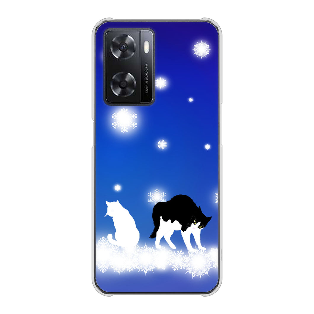 OPPO A77 高画質仕上げ 背面印刷 ハードケース【YJ335 雪の結晶 はちわれ】