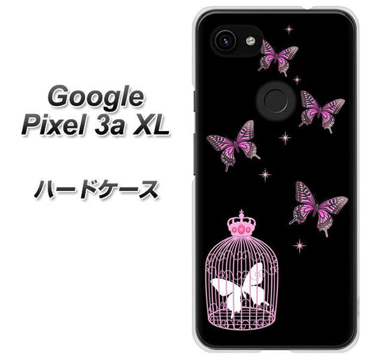 Google Pixel 3a XL 高画質仕上げ 背面印刷 ハードケース【AG811 蝶の王冠鳥かご（黒×ピンク）】