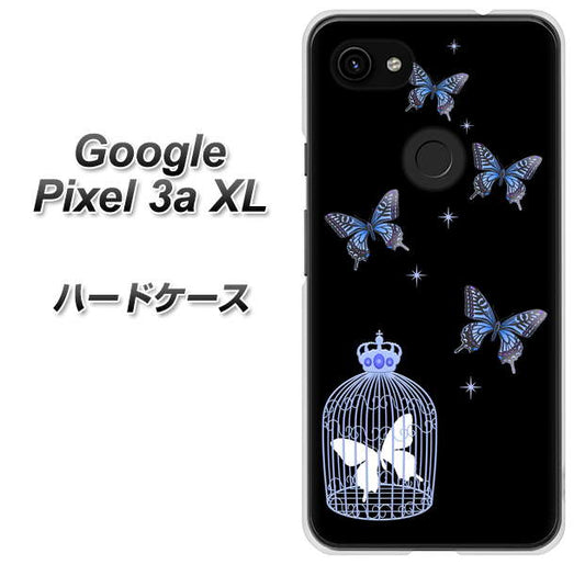 Google Pixel 3a XL 高画質仕上げ 背面印刷 ハードケース【AG812 蝶の王冠鳥かご（黒×青）】