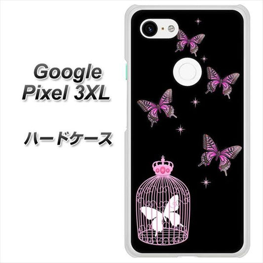 Google Pixel 3XL 高画質仕上げ 背面印刷 ハードケース【AG811 蝶の王冠鳥かご（黒×ピンク）】