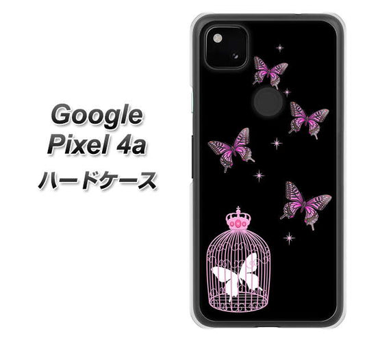 Google Pixel 4a 高画質仕上げ 背面印刷 ハードケース【AG811 蝶の王冠鳥かご（黒×ピンク）】