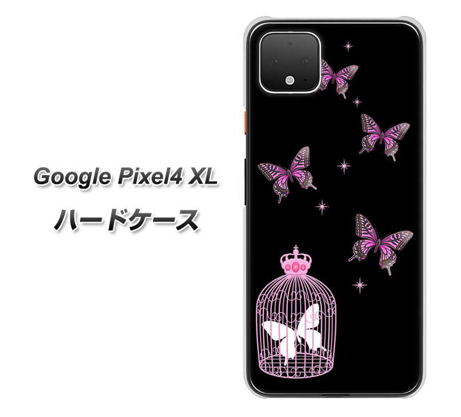 Google Pixel 4 XL 高画質仕上げ 背面印刷 ハードケース【AG811 蝶の王冠鳥かご（黒×ピンク）】