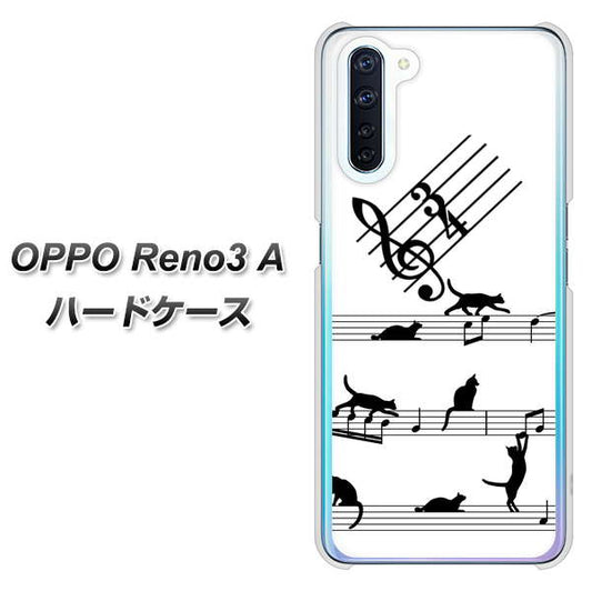 SIMフリー OPPO Reno3 A 高画質仕上げ 背面印刷 ハードケース【1112 音符とじゃれるネコ2】