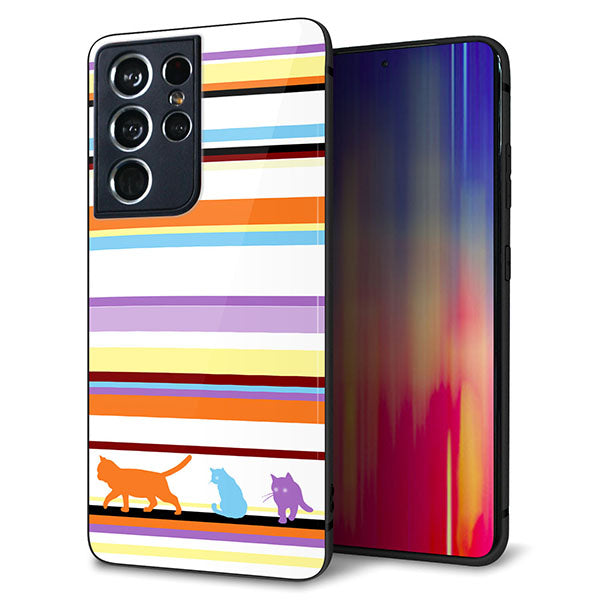 docomo ギャラクシーS21 ウルトラ 5G SC-52B 強化ガラス＆TPUスマホケース ガラプリ【YA887 ストライプネコ01】