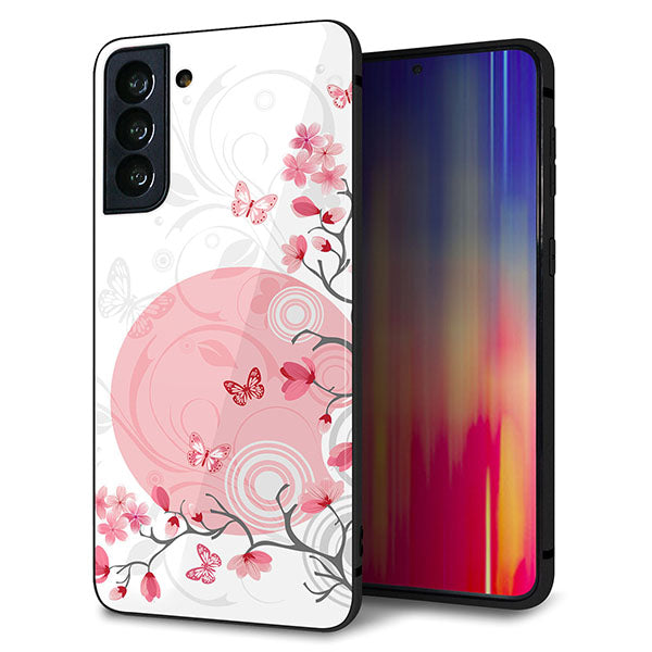 au ギャラクシーS21+ 5G SCG10 強化ガラス＆TPUスマホケース ガラプリ【030 花と蝶（うす桃色）】